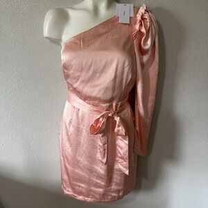 NEW AaKaa Size Small Pink One Shoulder Long Sleeve Pink Satin‎ Mini Dress Barbie